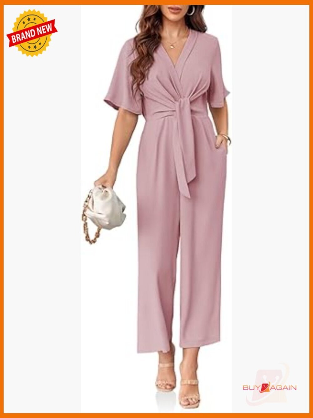 Elegant V Neck Jumpsuit Short Sleeve Wide Leg Long Pants Romper